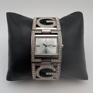 Guess Rhinestone Logo Bracelet Watch Silver Tone Japan Movt U12539L1